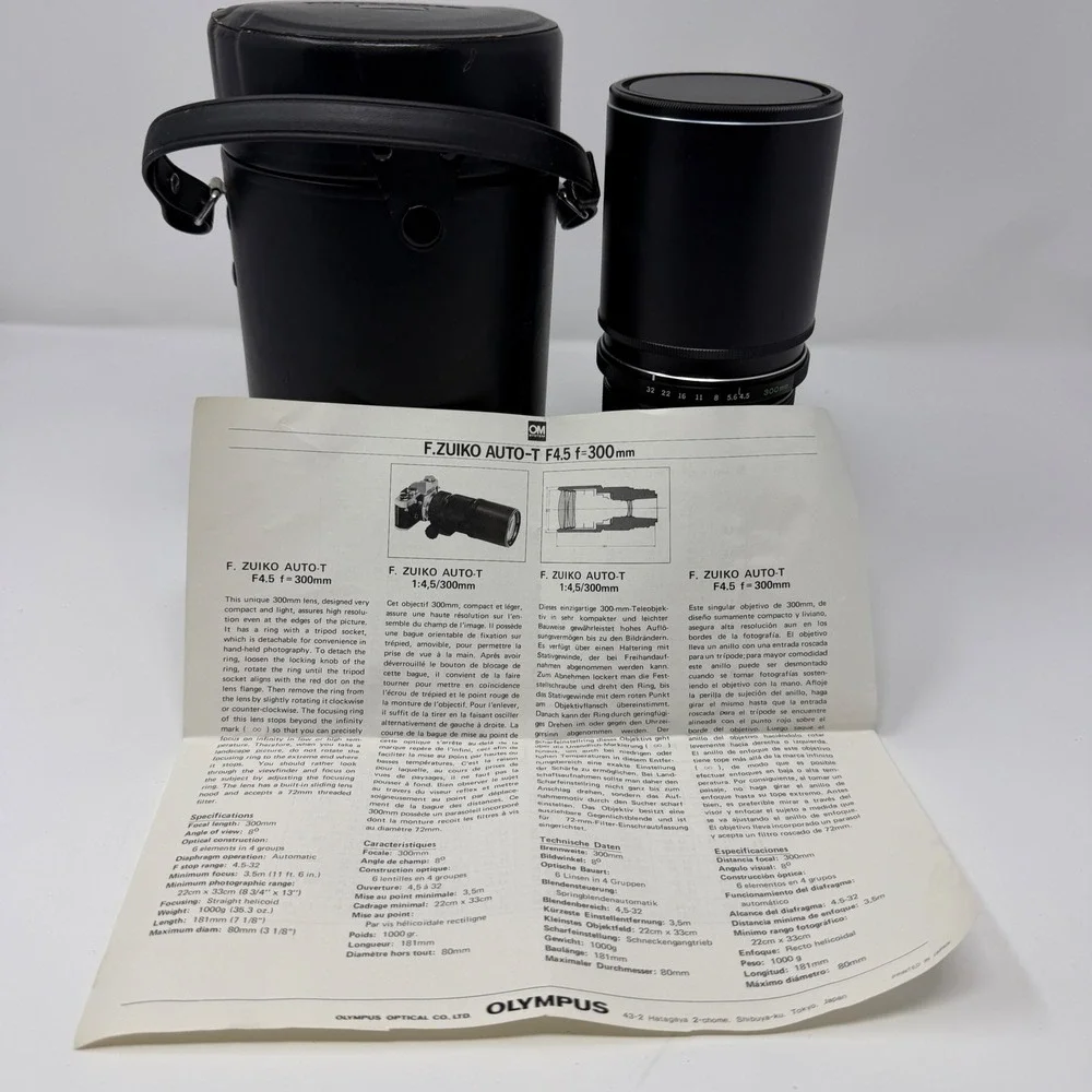 Olympus OM-System F.Zuiko Auto-T 300mm f/4.5 Lens Case Manual Filter Japan